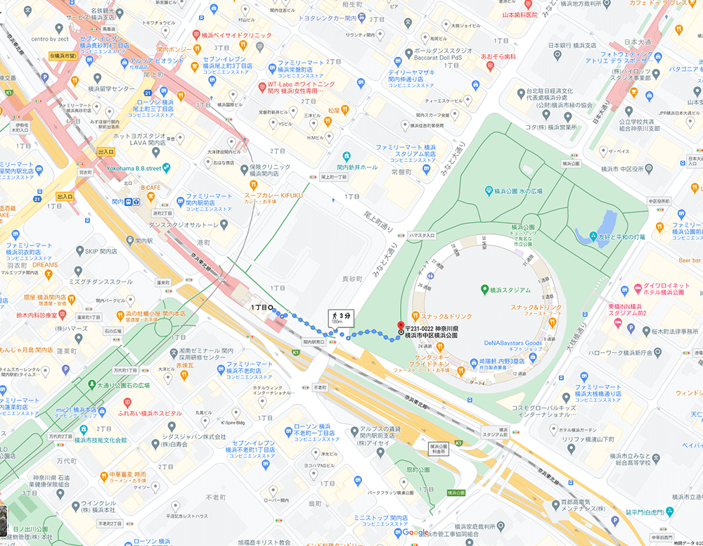 関内駅から横浜スタジアムまでの地図