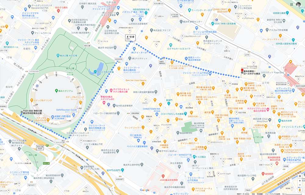 横浜スタジアムからローズホテル横浜までの地図