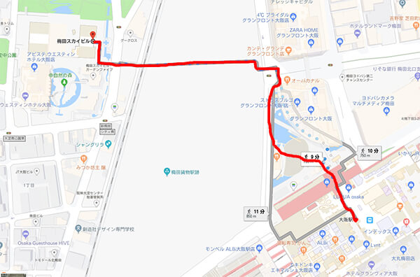 JR大阪駅から梅田スカイビルまでの地図